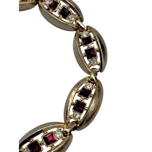 Gold Plated Oval Link Rhinestone Tennis Bracelet Red & Clear Glass Stones SZ 7 - Picture 9 of 12